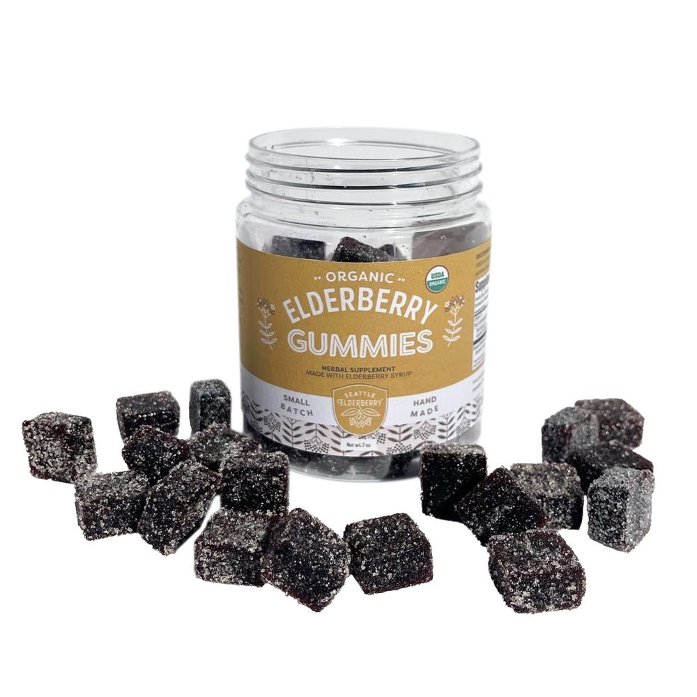 Seattle Elderberry Gummies bottle highlights organic ingredients and 7oz family-sized packaging