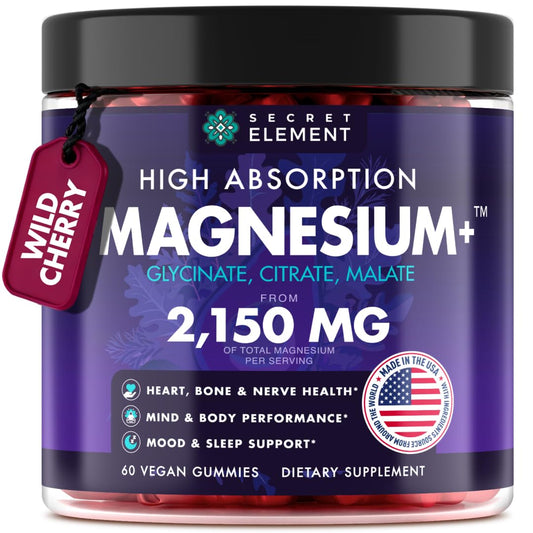 Secret Element magnesium glycinate gummies bottle showing high absorption blend for daily wellness