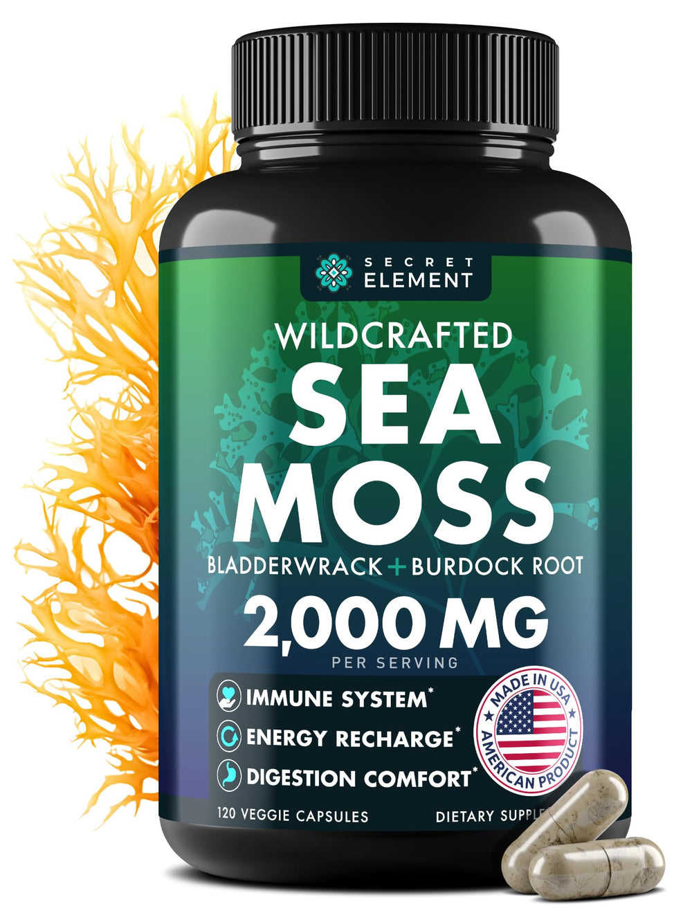 Secret Element Sea Moss Capsules bottle for daily plant-based support and balanced energy.