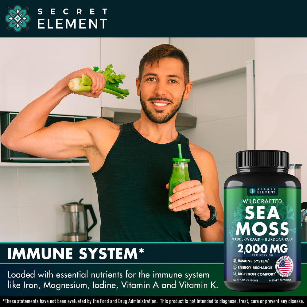 Secret Element Sea Moss Capsules blend with Irish sea moss for natural vitality.