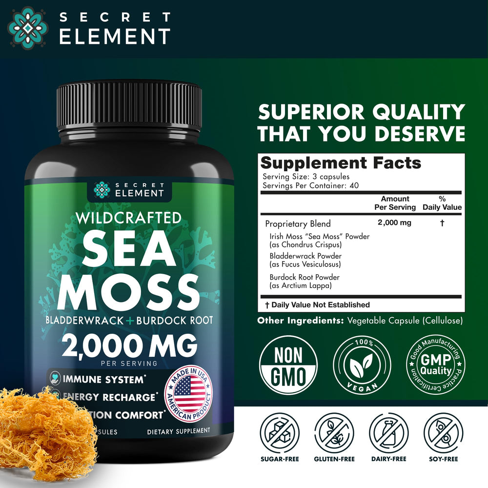 Secret Element Sea Moss Capsules muira puama shot highlights plant-powered lifestyle support.