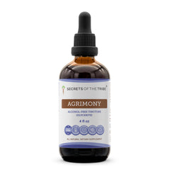Secrets of the Tribe Agrimony tincture bottle showing alcohol-free liquid extract for daily use
