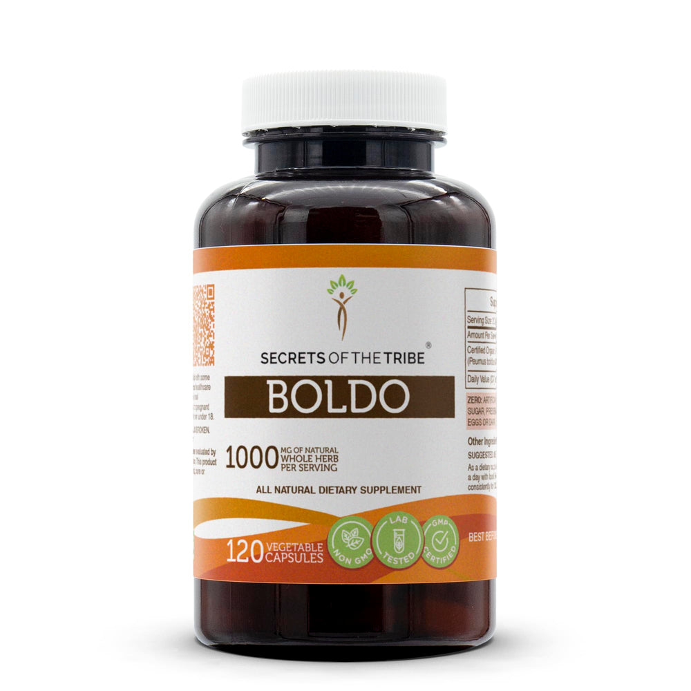 Secrets of the Tribe Boldo bottle close-up shows high potency and natural ingredients.