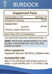 Secrets of the Tribe Burdock Tincture Label highlighting a clean, alcohol-free formula.