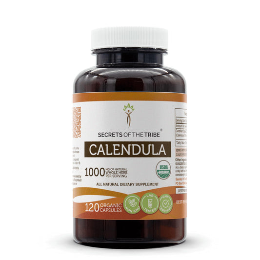 Secrets of the Tribe Calendula bottle with capsules for daily organic wellness.