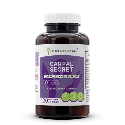 Secrets of the Tribe Carpal Secret bottle front showing a natural blend for daily wrist comfort.