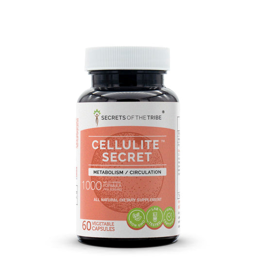 Secrets of the Tribe Cellulite Secret bottle front showing daily skin-support capsules.