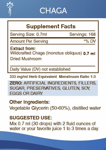 Secrets of the Tribe Chaga tincture ingredients image emphasizes wildcrafted chaga and clean sourcing.