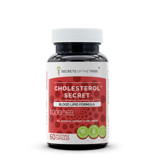 Secrets of the Tribe Cholesterol Secret bottle label showing premium herbal formulation.