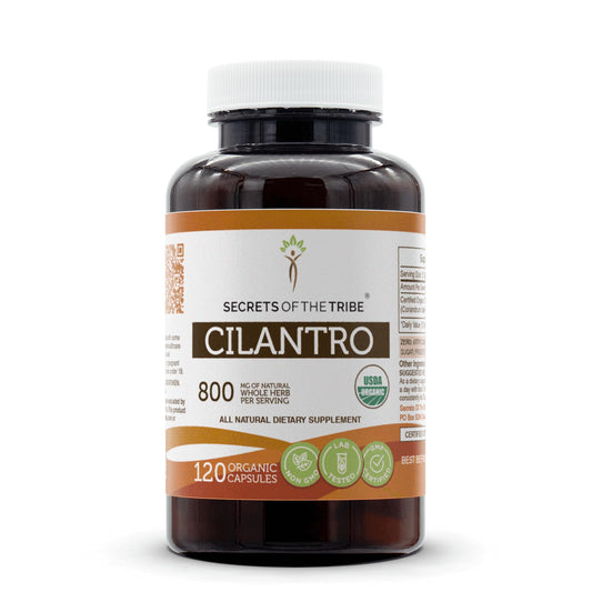 Secrets of the Tribe cilantro capsules bottle front showing organic certification for easy daily use