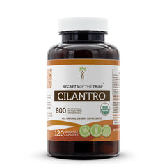 Secrets of the Tribe cilantro capsules bottle front showing organic certification for easy daily use