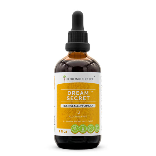 Secrets of the Tribe Dream Secret bottle showing alcohol-free calming nightly routine