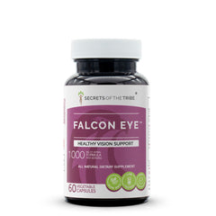 Secrets of the Tribe Falcon Eye bottle label highlights natural vision-support ingredients.
