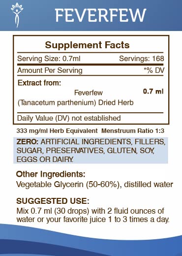 Secrets of the Tribe feverfew tincture amber glass protecting potency.