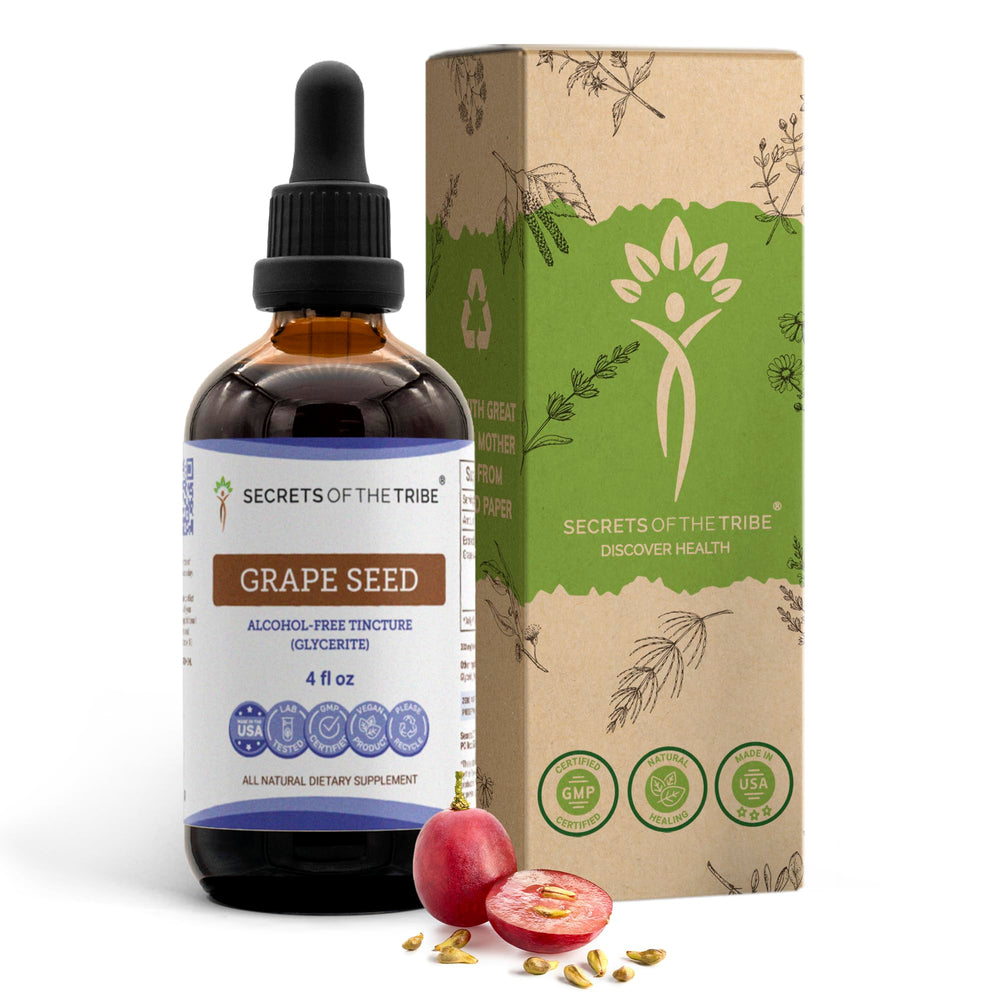 Secrets of the Tribe grape seed tincture bottle with antioxidant support for daily wellness.