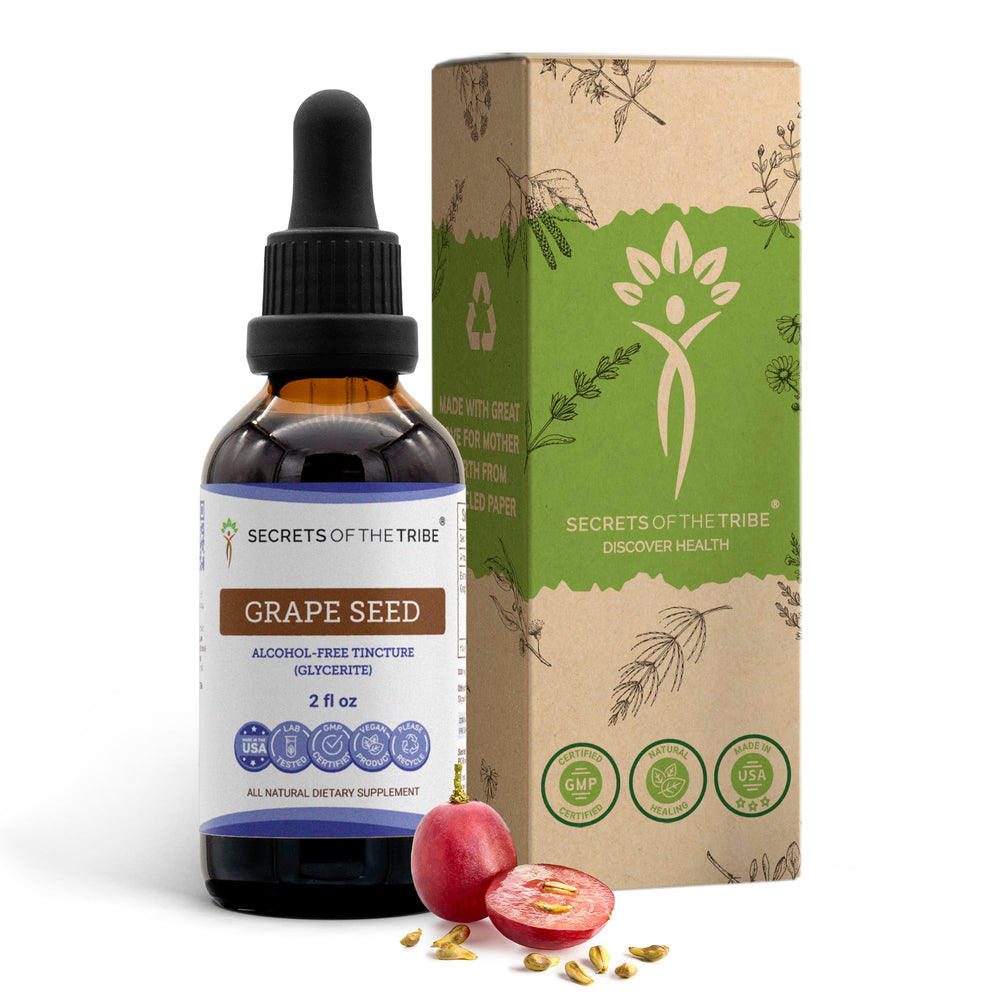 Secrets of the Tribe grape seed tincture bottle showing natural formula for daily rituals