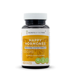 Secrets of the Tribe Happy Hormones bottle showing convenient daily capsules.