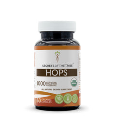 Secrets of the Tribe Hops bottle front view featuring organic capsules for daily use.