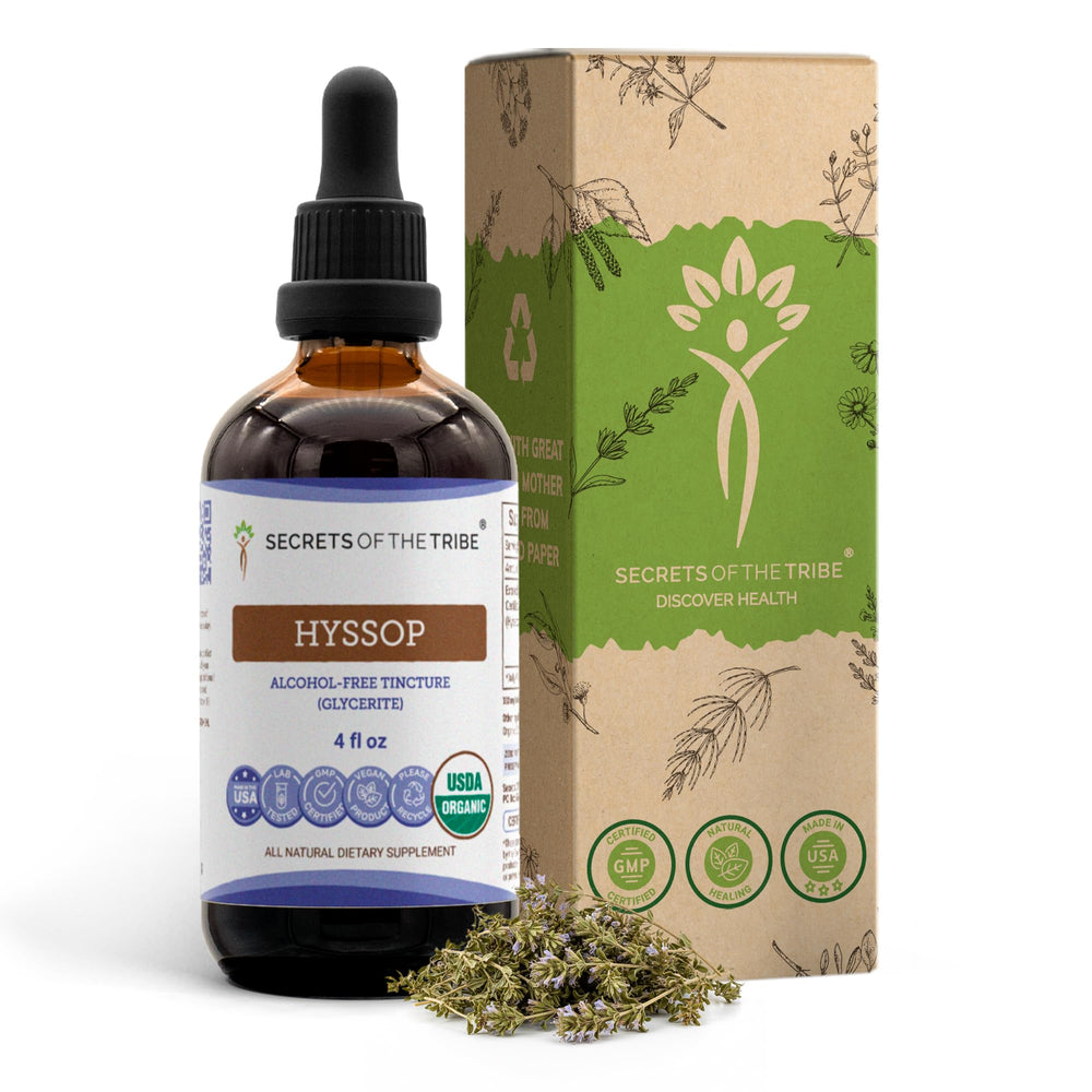 Secrets of the Tribe hyssop extract bottle pour for easy, alcohol-free dosing.