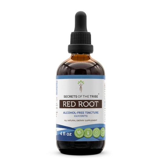 Secrets of the Tribe Red Root tincture bottle with dropper for precise dosing.