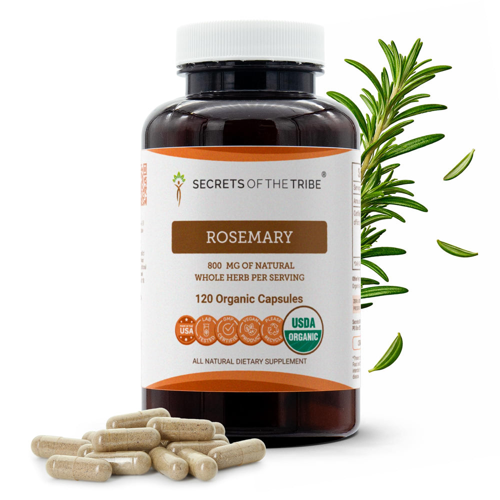 Secrets of the Tribe rosemary capsules bottle with organic certification and plant-based delivery.