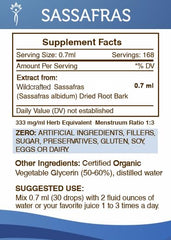 Secrets of the Tribe Sassafras tincture bottle back with usage guidance