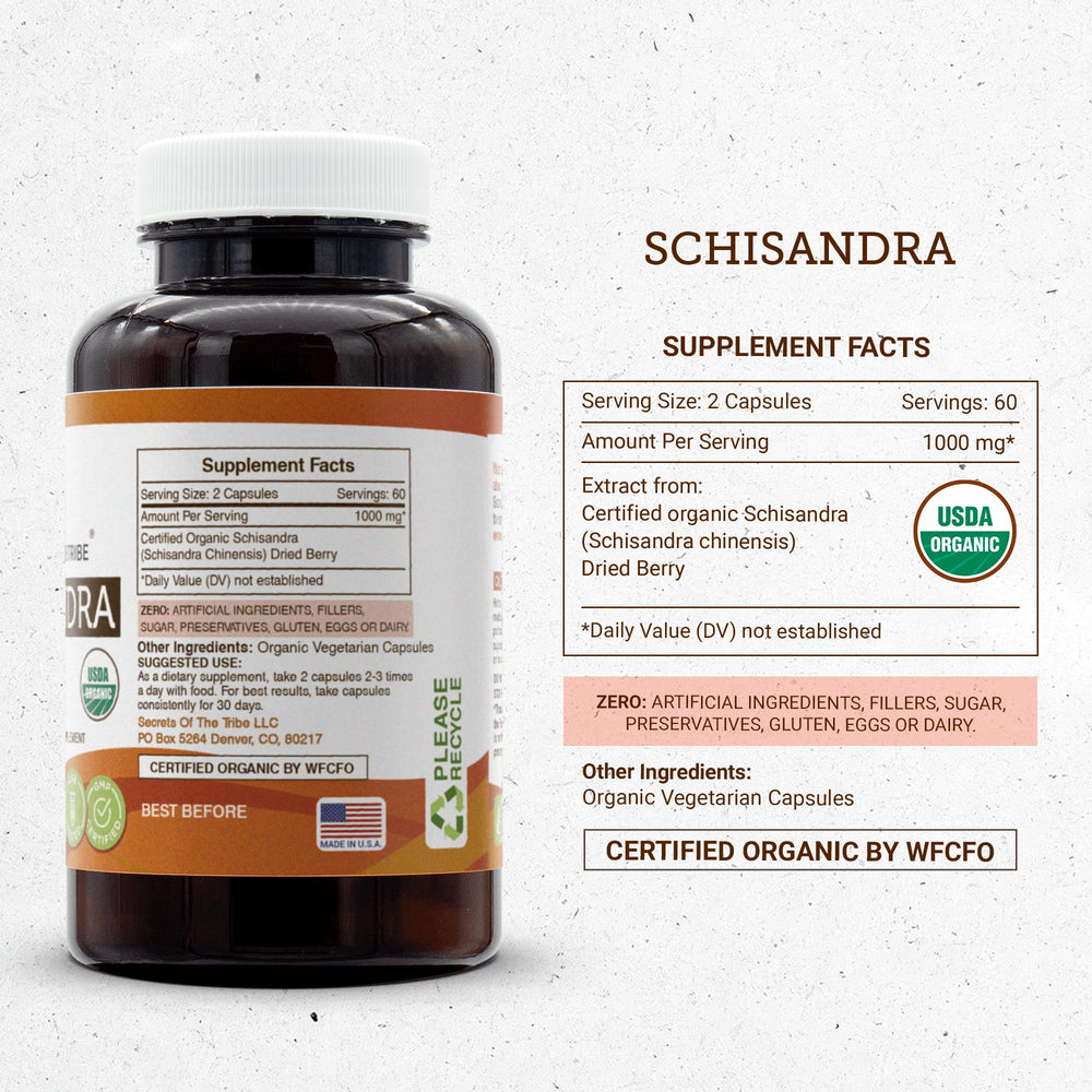 Secrets of the Tribe Schisandra bottle label showcases organic certification and purity.