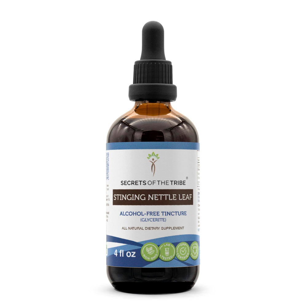 Secrets of the Tribe nettle tincture bottle front label, alcohol-free glycerite for pure botanicals.