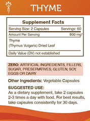 Secrets of the Tribe Thyme capsules pouring into hand, convenient plant-based nutrition.