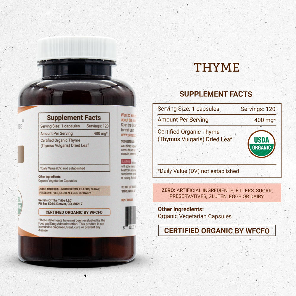 Secrets of the Tribe thyme dried leaf closeup — vibrant organic thyme.