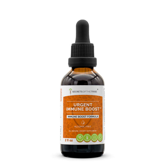 Secrets of the Tribe Urgent Immune Boost bottle highlights a potent herbal blend for daily wellness.