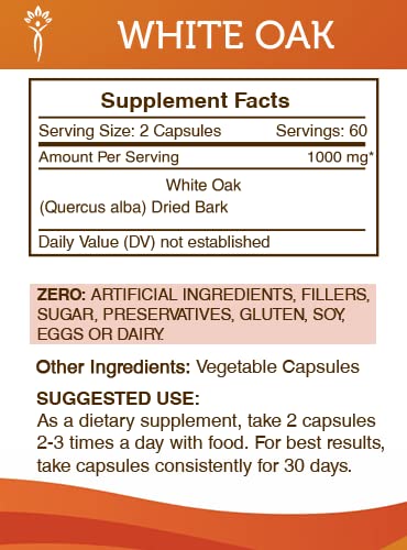 Secrets of the Tribe White Oak Bark Capsules label close-up showcasing natural ingredients