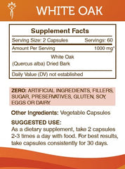 Secrets of the Tribe White Oak Bark Capsules label close-up showcasing natural ingredients