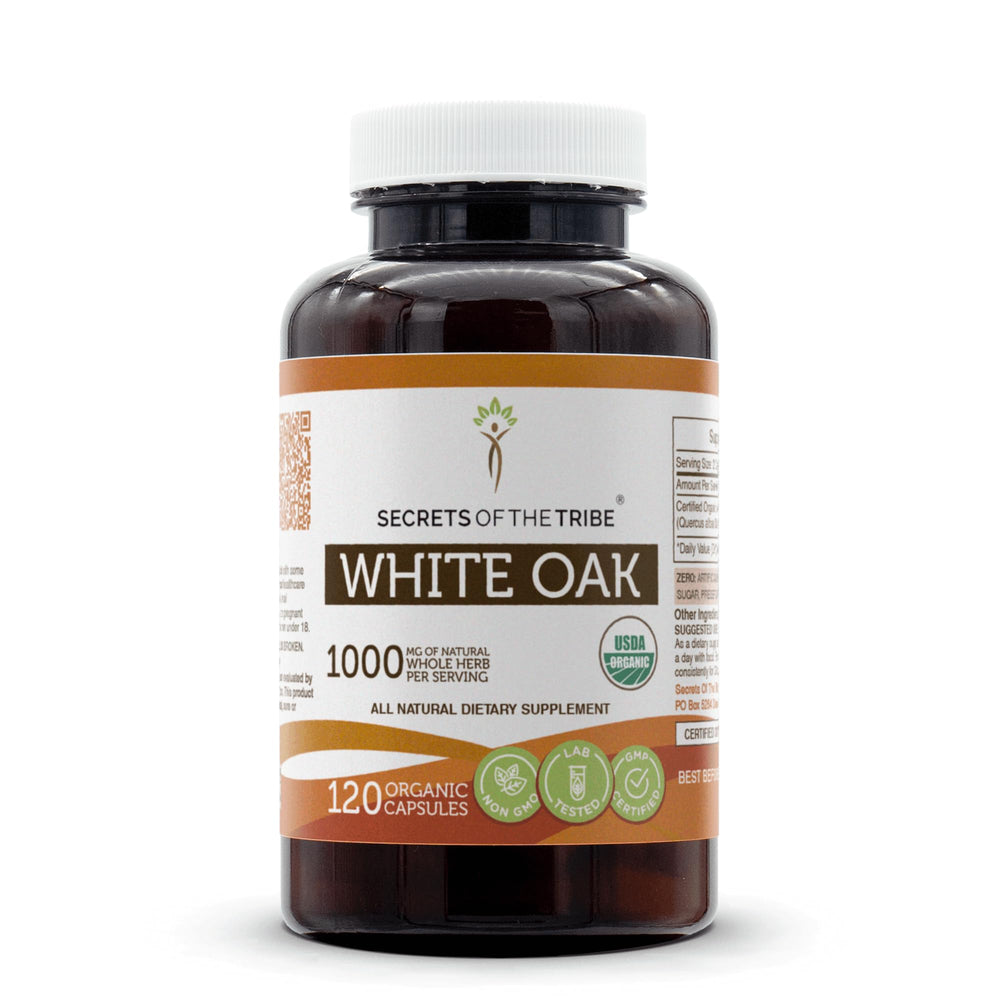 Secrets of the Tribe White Oak bottle front with organic capsules for daily wellness