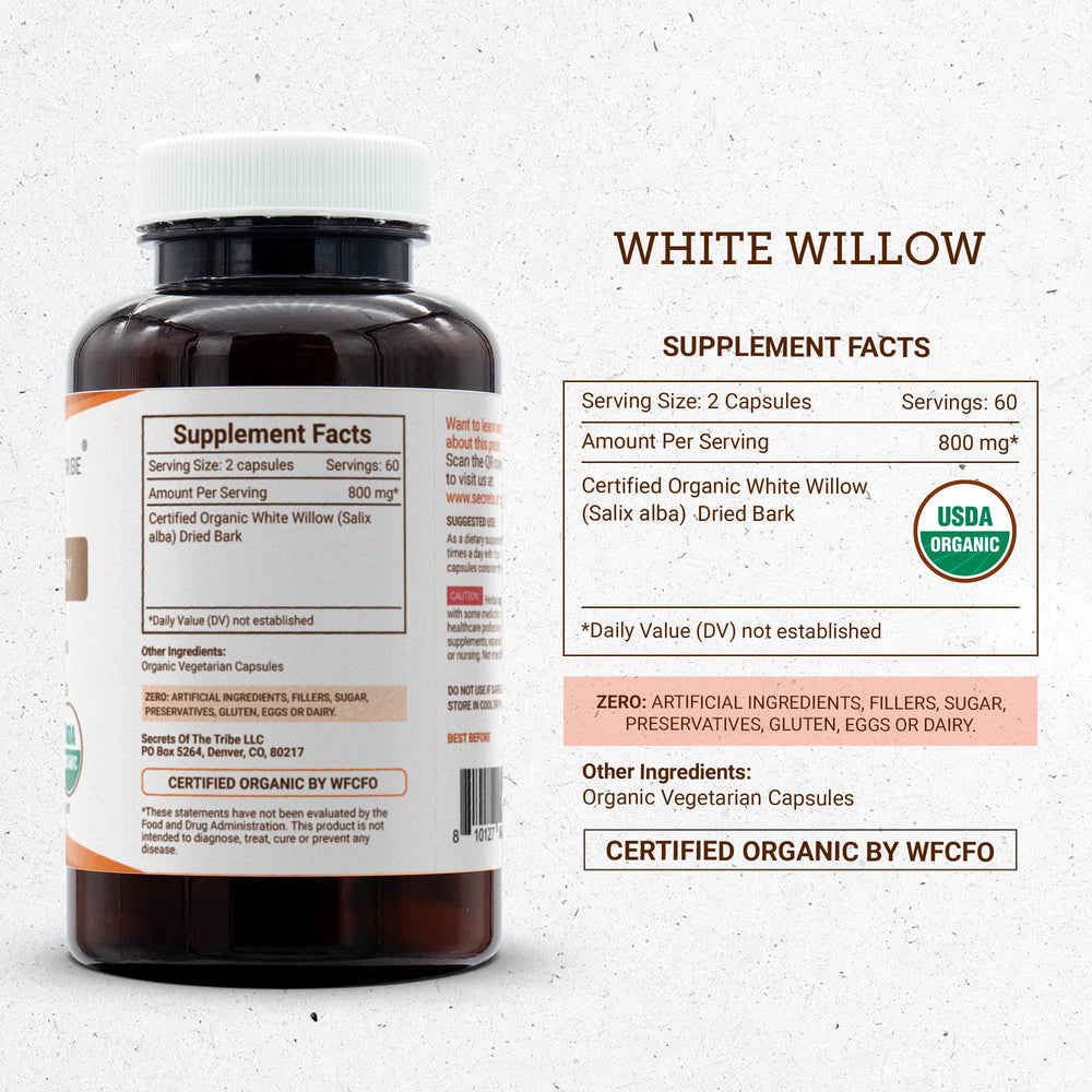 Secrets of the Tribe White Willow Capsules box emphasizing vegan and gluten-free features.