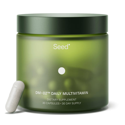 Seed DM-02 bottle front displaying daily multivitamin for balanced nutrition.