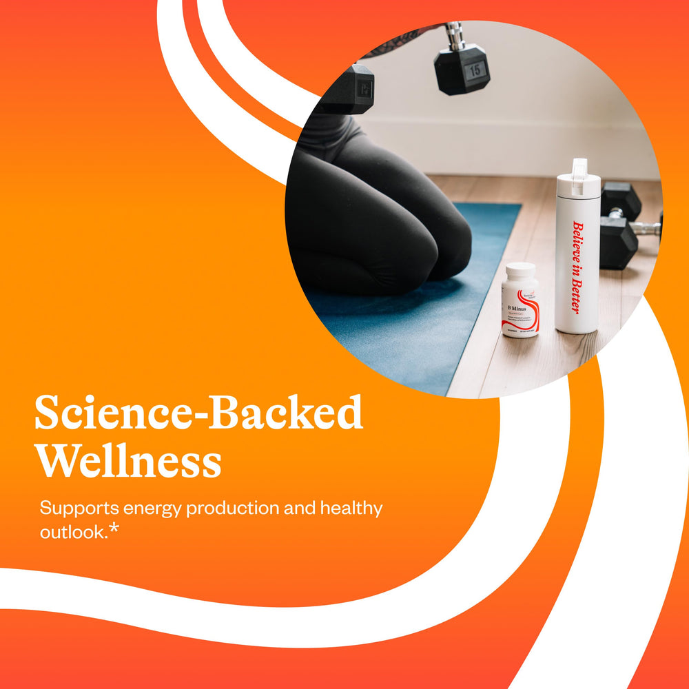 Seeking Health B-Minus bottle inside packaging shows compact 100-count supply.