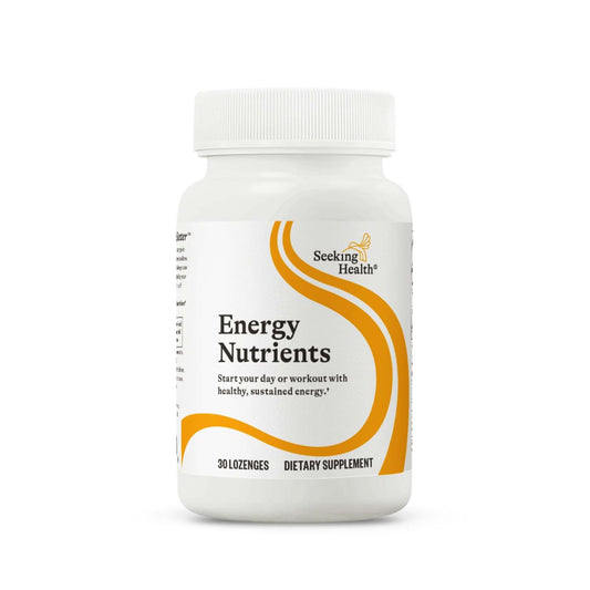 Seeking Health Energy Nutrients bottle showing daily energy support in a convenient chewable form.