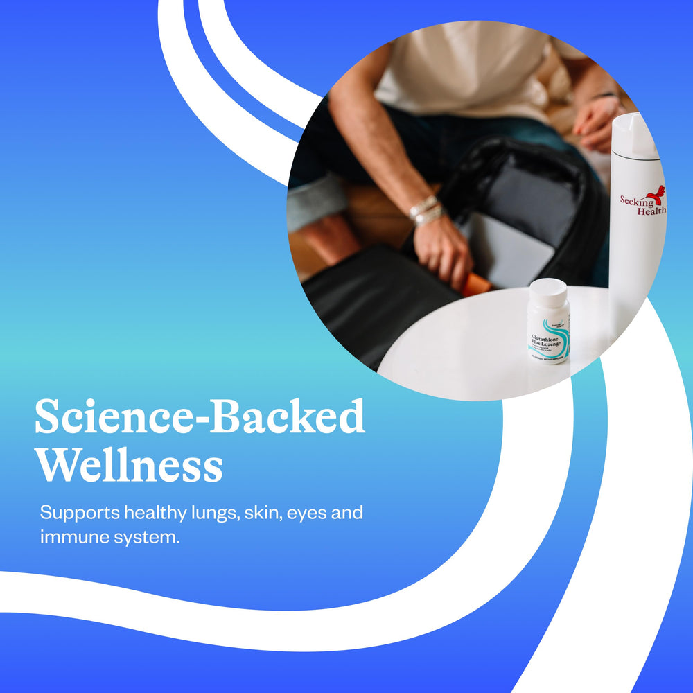 Label detail of Seeking Health Glutathione Plus showing vegan formula and allergen-free claims.