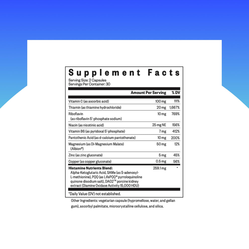 Seeking Health Histamine Nutrients bottle side view for compact travel-friendly packaging.