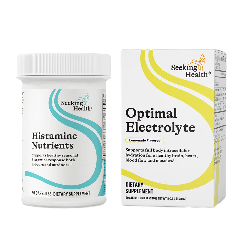 Seeking Health Histamine Nutrients bottle on kitchen counter for daily wellness.