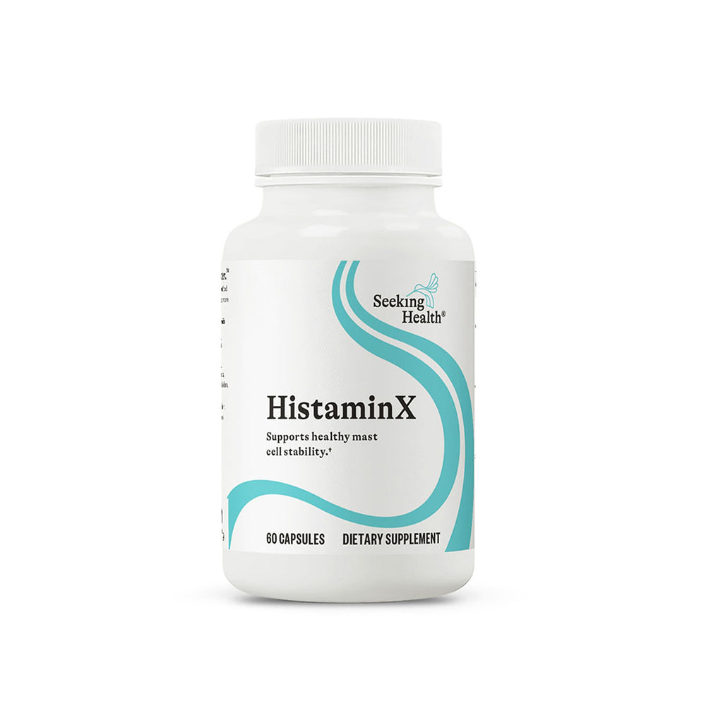 Seeking Health HistaminX bottle label highlights swelling support features