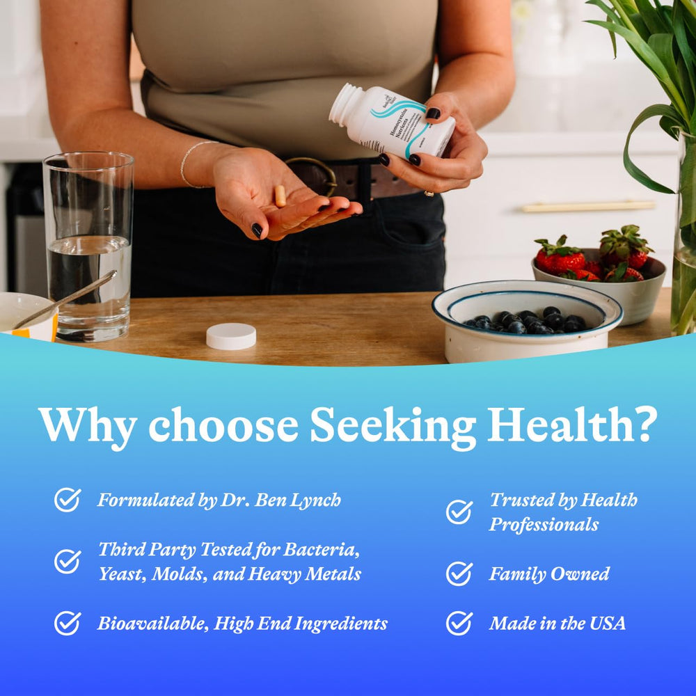 Packaging design of Seeking Health Homocysteine Nutrients for safe storage.