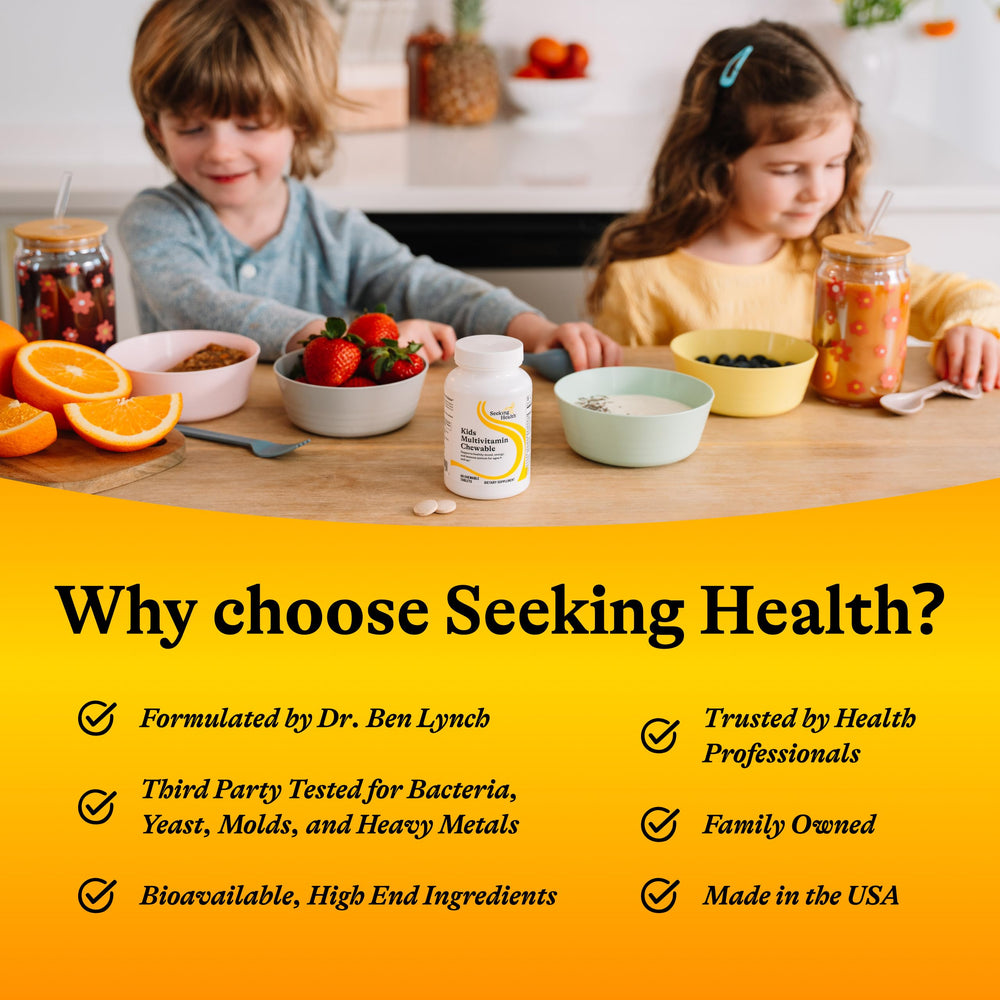 Seeking Health Kids Multivitamin Chewable MF vitamins chart explains included nutrients.