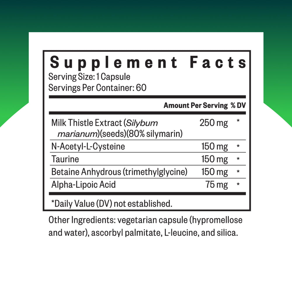 Seeking Health Liver Nutrients bottle label close-up showing milk thistle and NAC