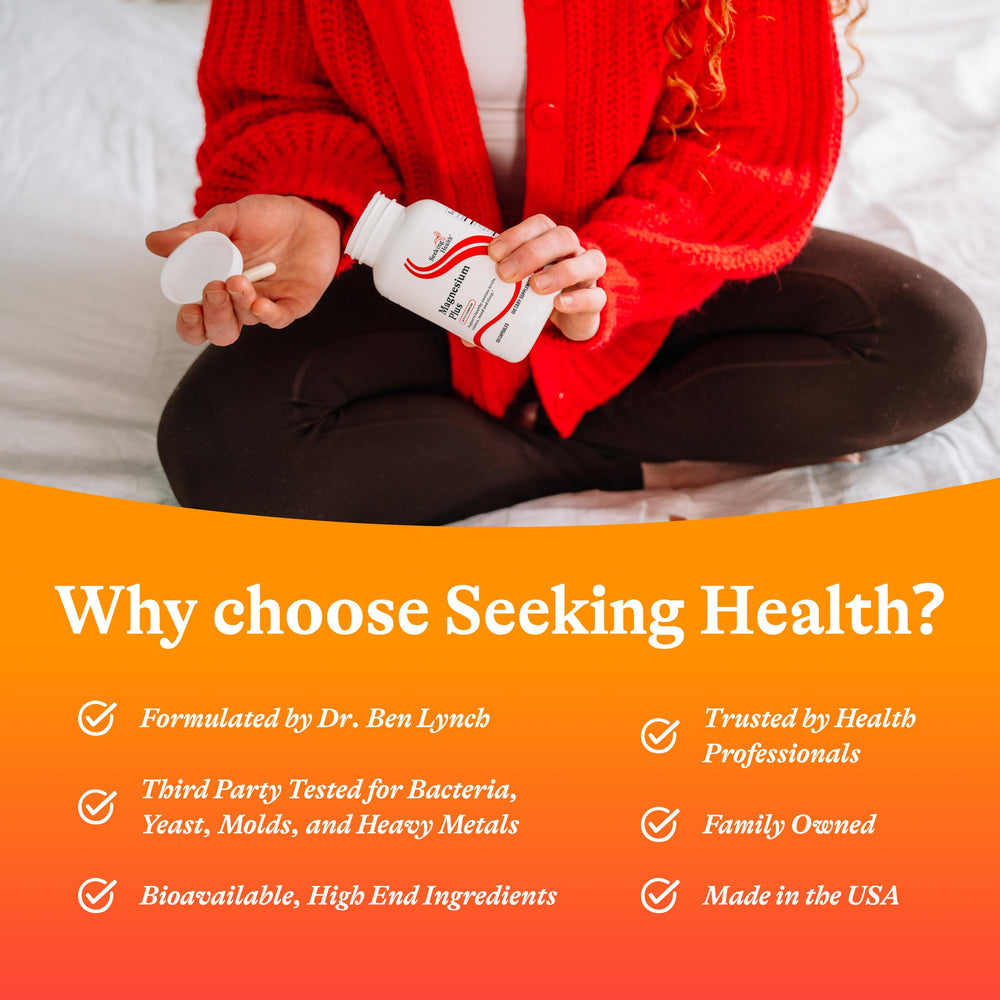 Packaging detail of Seeking Health Magnesium Plus highlighting allergen-free formula.