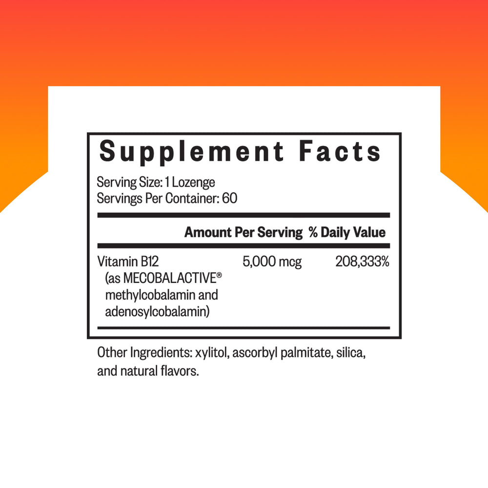 Seeking Health Methyl B12 5000 lozenges packaging front highlights vegan-friendly, allergen-free formula