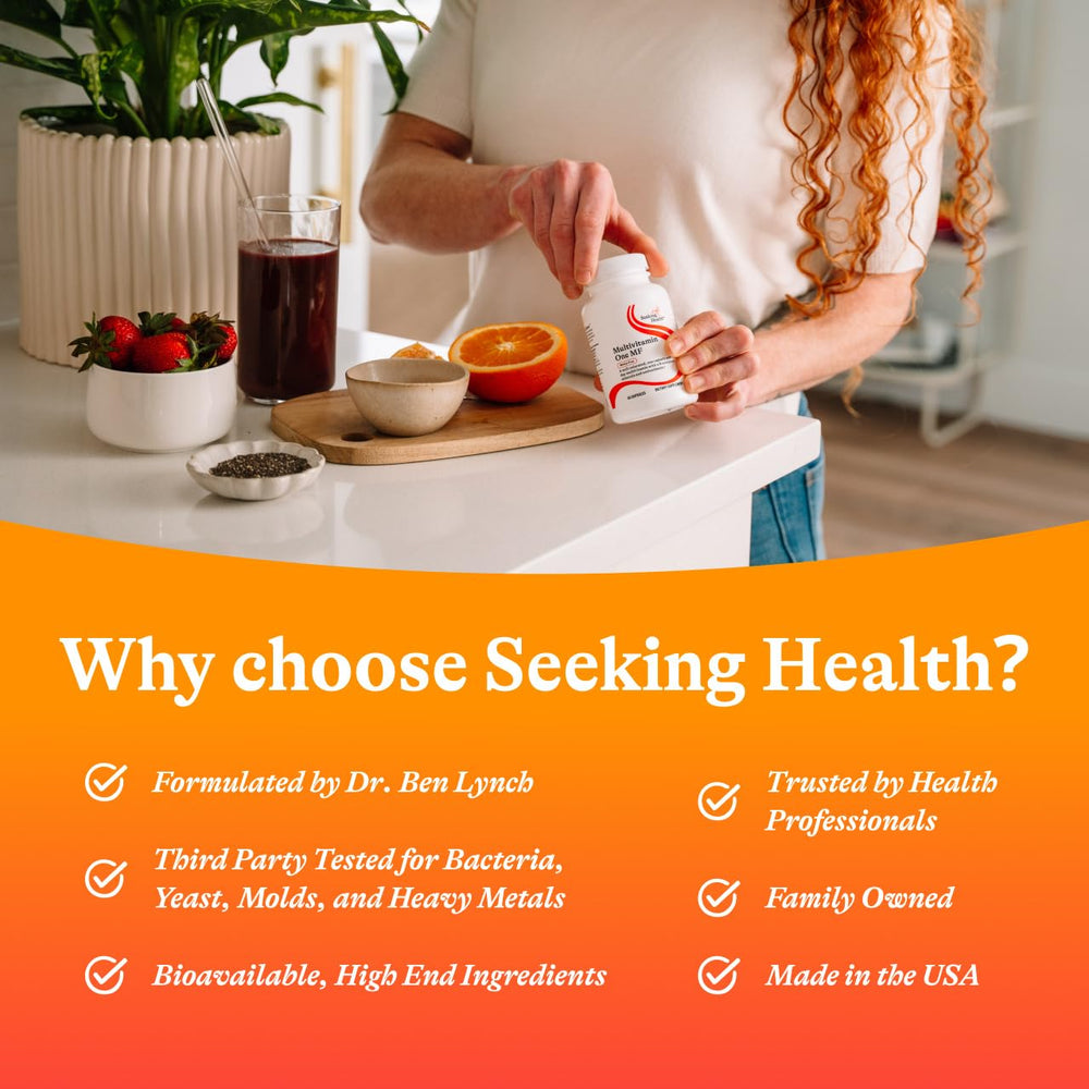 Seeking Health Multivitamin One MF bottle closeup emphasizes compact veggie capsules