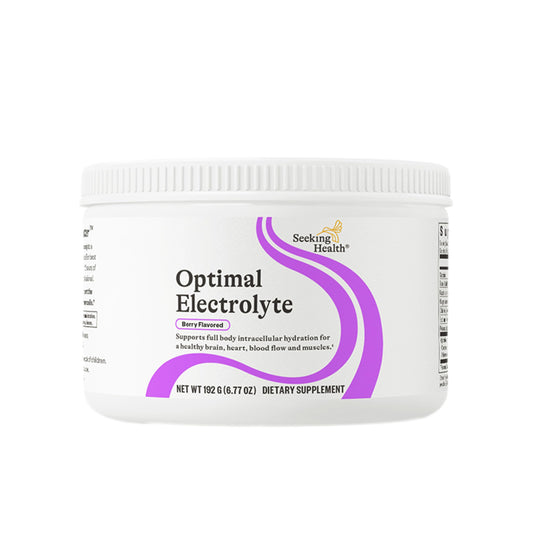 Seeking Health Optimal Electrolyte Powder bottle with berry flavor for hydration.