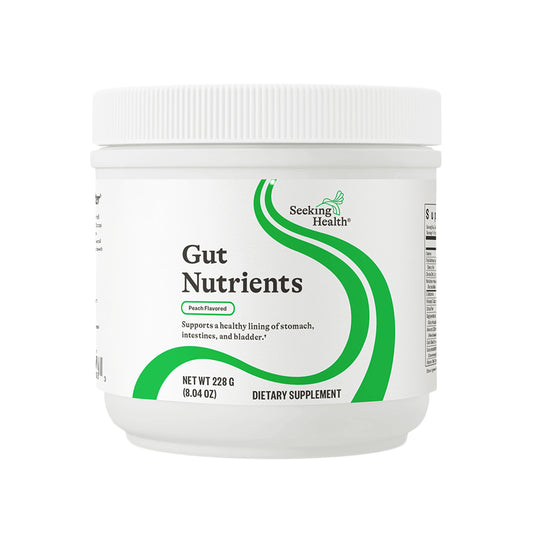 Seeking Health Optimal GI Plus peach bottle label highlighting allergy-friendly gut support